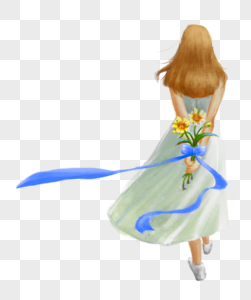 背猪草手拿鲜花女孩素材