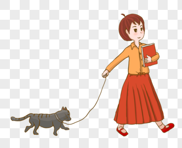 牵着小猫咪的女孩图片