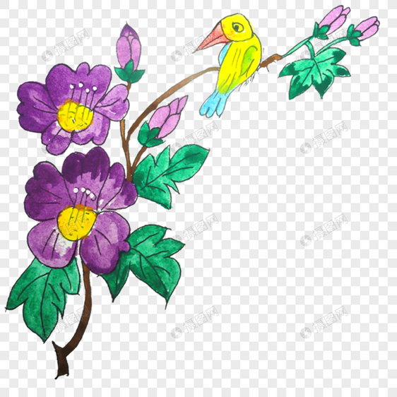 紫色花朵和黄色小鸟图片