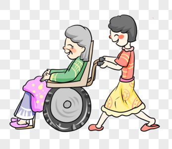 女孩推着做轮椅的奶奶图片