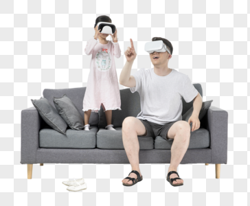 爸爸和女儿在沙发上玩vr高清图片