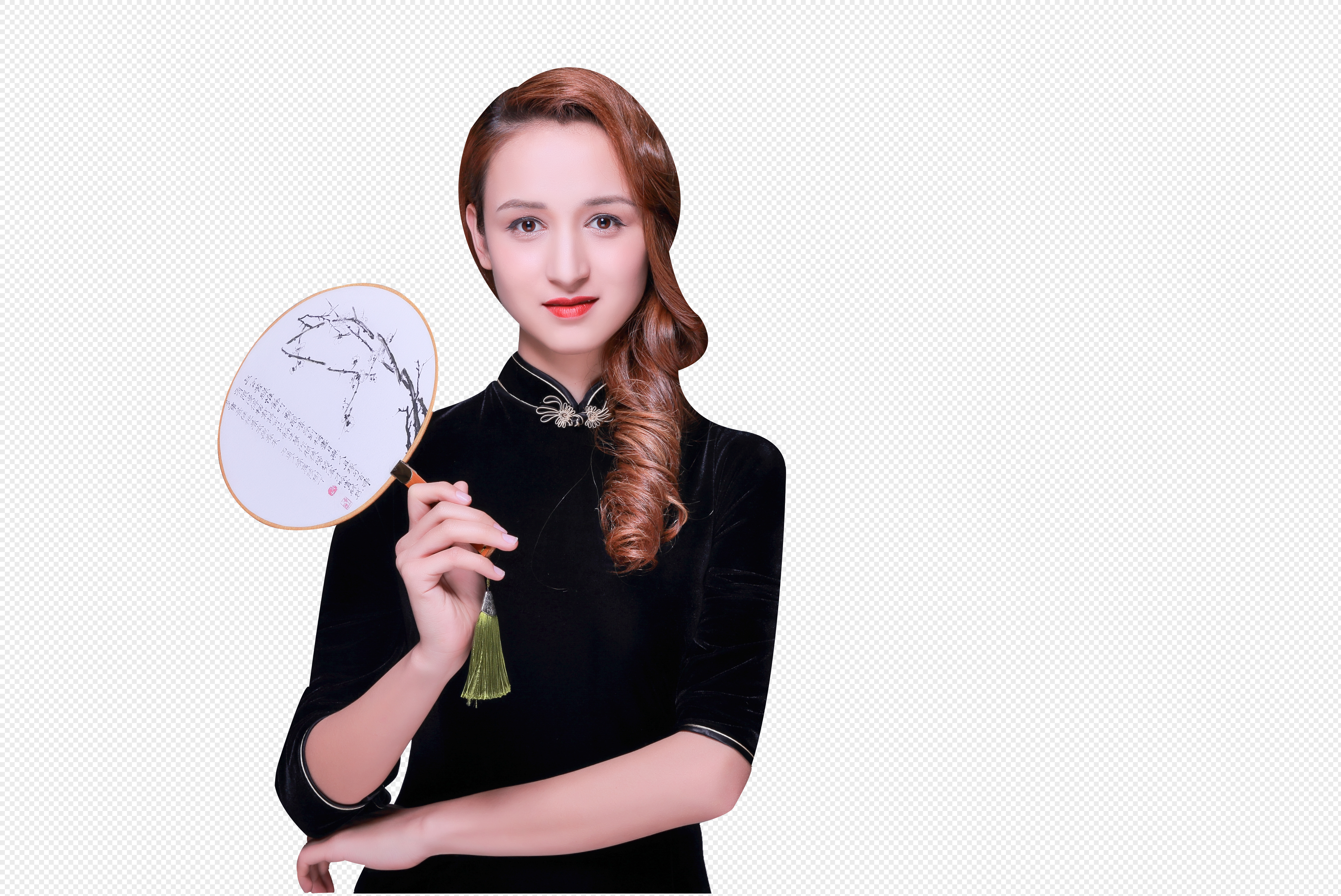 中国旗袍卷发美女手持团扇元素素材png格式_设计素材免费下载_vrf高清