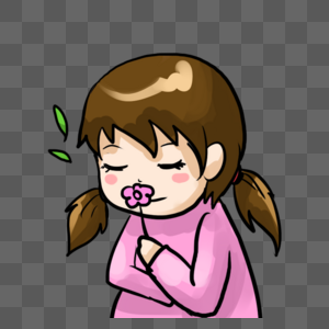 手绘闻花朵的女孩图片素材