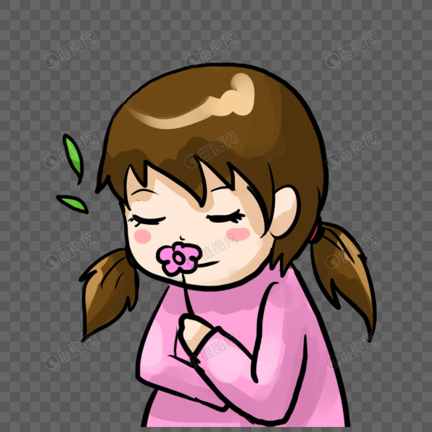 免抠元素 手绘/卡通元素 博物馆 手绘闻花朵的女孩.