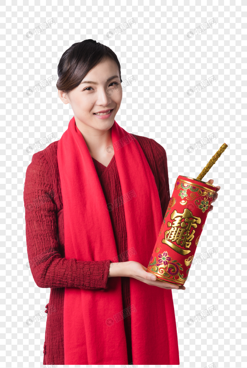 新年汉服美女手拿礼炮图片