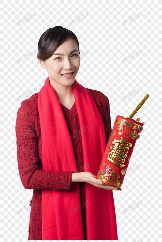 新年汉服美女手拿礼炮图片