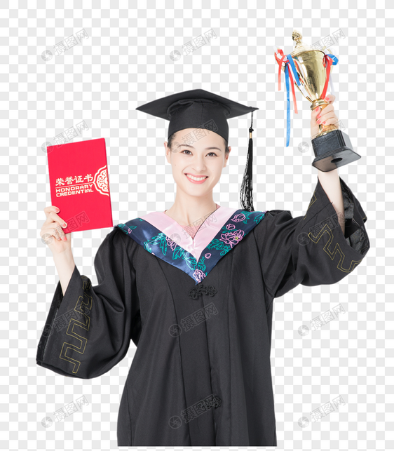 女性毕业生人像手持荣誉证书奖杯图片
