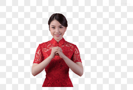 新春穿旗袍的美女在祝贺图片素材