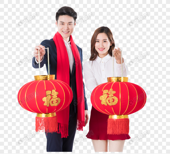 商务男女新年手拿红灯笼图片