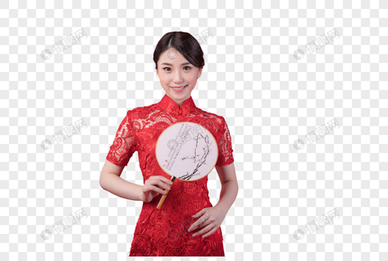 新春手持团扇的东方美女图片