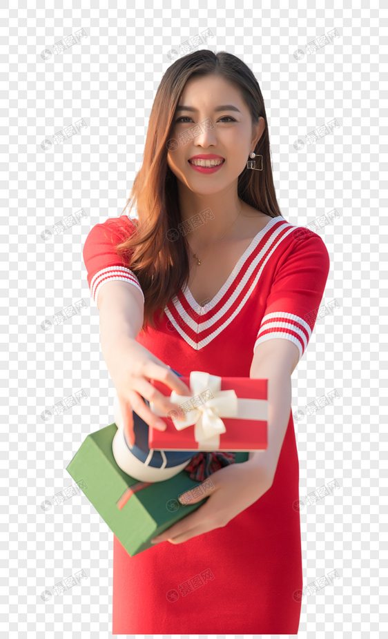 手拿礼物盒的红衣女性图片