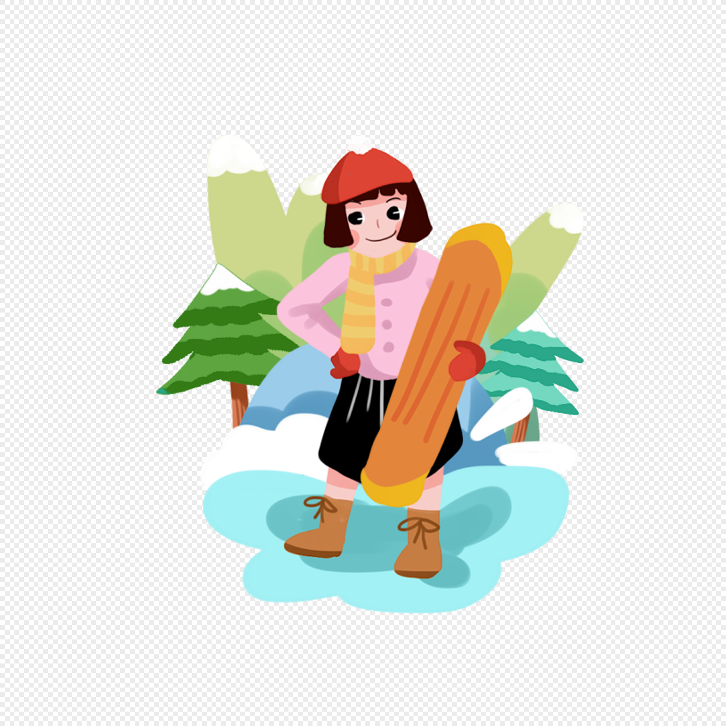 手绘/卡通元素 拿着滑雪板的女孩.psd