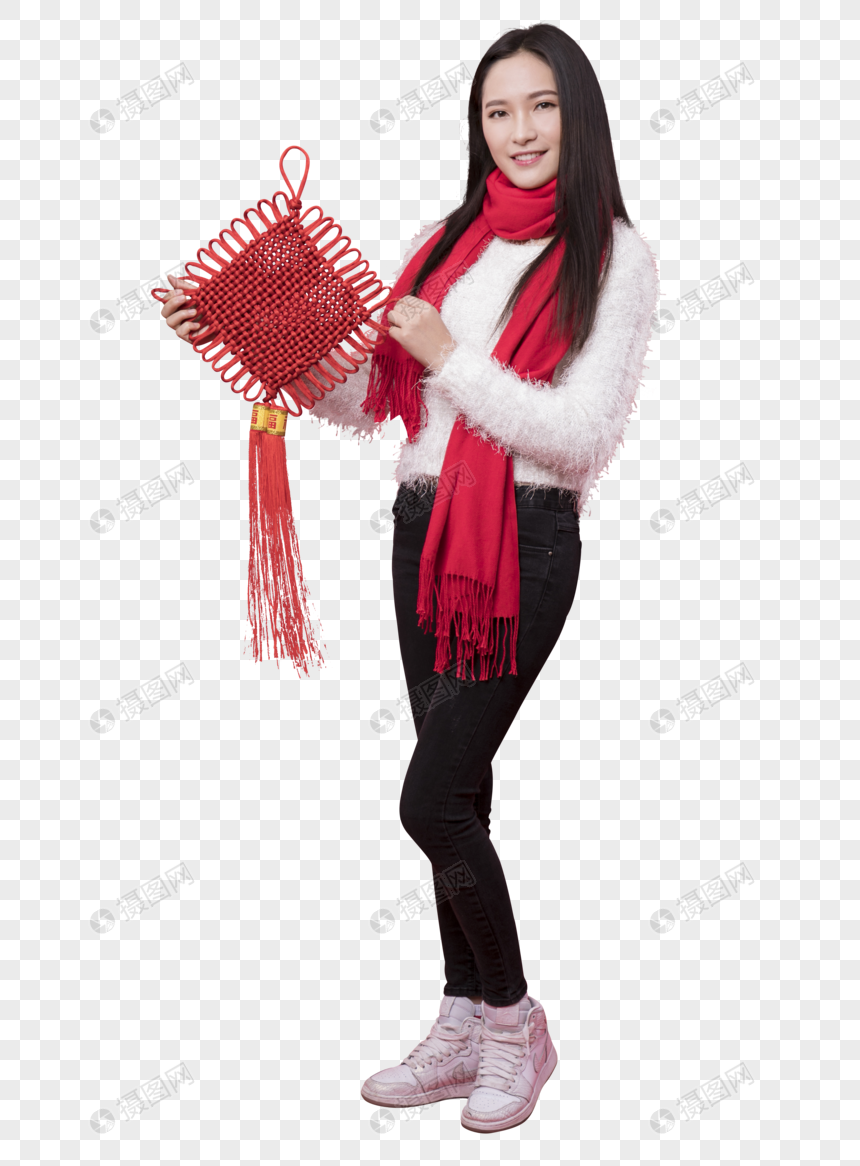 拿着中国结的女性新年人像元素素材下载-正版素材400836253-摄图网