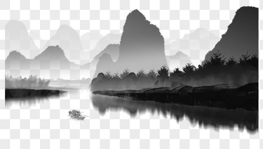 线描山水免抠元素-黑色和白色线描咖啡元素素材-png图片下载-摄图网