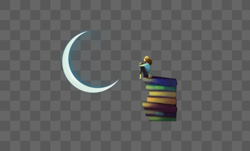 夜晚经典坐在书上看月亮的女孩素材
