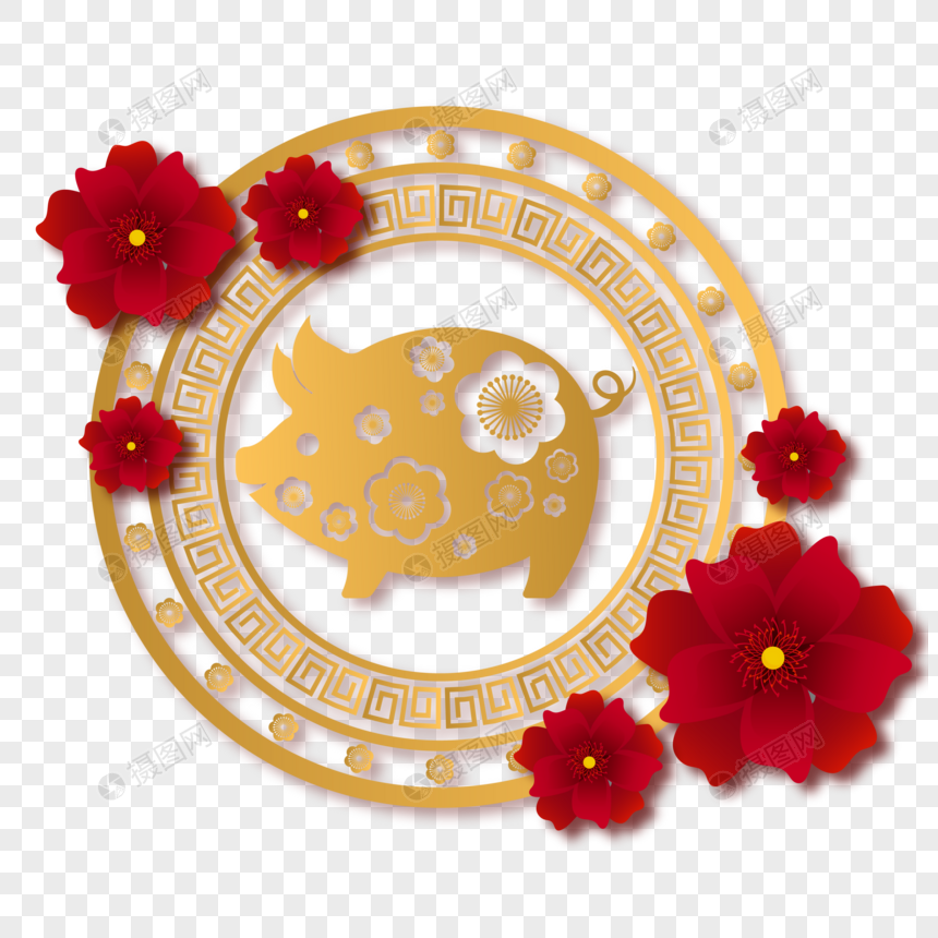 19中国剪纸红花金猪过新年元素素材下载 正版素材 摄图网