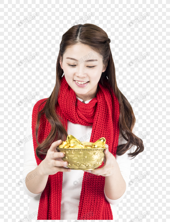 新年女性拿着金元宝图片