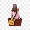 背着吉他坐在行李箱上的女孩图片