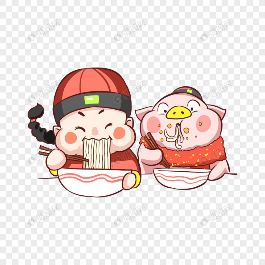吃面的猪和男孩