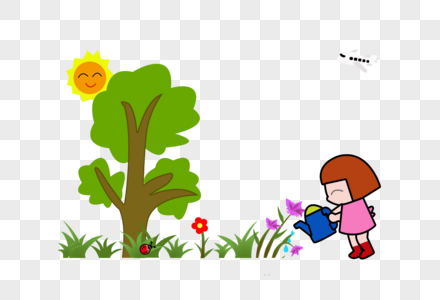 植树节卡通手绘小女孩浇水高清图片