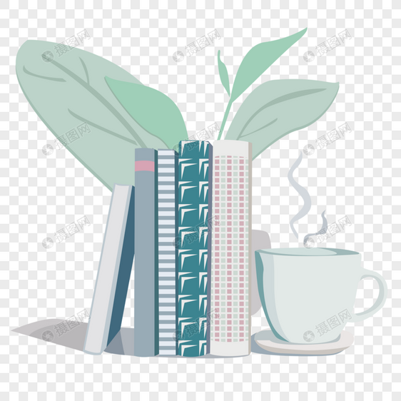 书本咖啡绿色植物悠闲时光图片