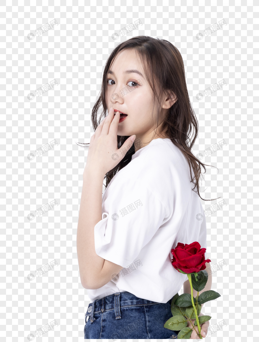 俏皮美女与玫瑰花图片