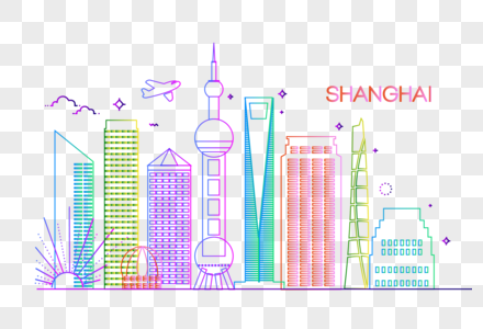 上海七彩渐变线框外滩地标元素高清图片
