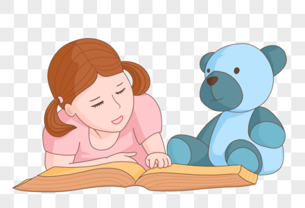手绘儿童趴在地上和玩偶一起读书人物形象高清图片