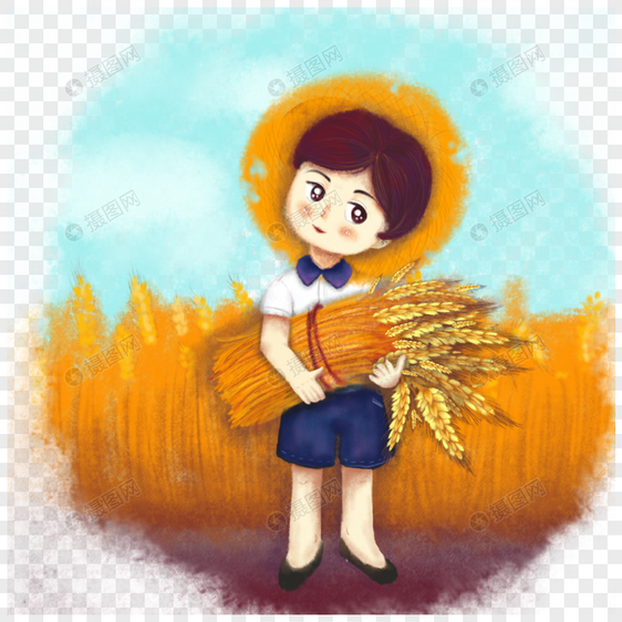 夏季小满戴草帽女孩抱麦子插画元素图图片