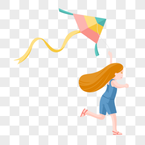 手绘少女奔跑放风筝高清图片