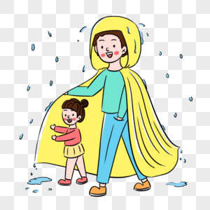 彩色卡通下雨天爸爸穿雨衣接女儿场景图片