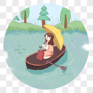 雨中划船的女孩图片