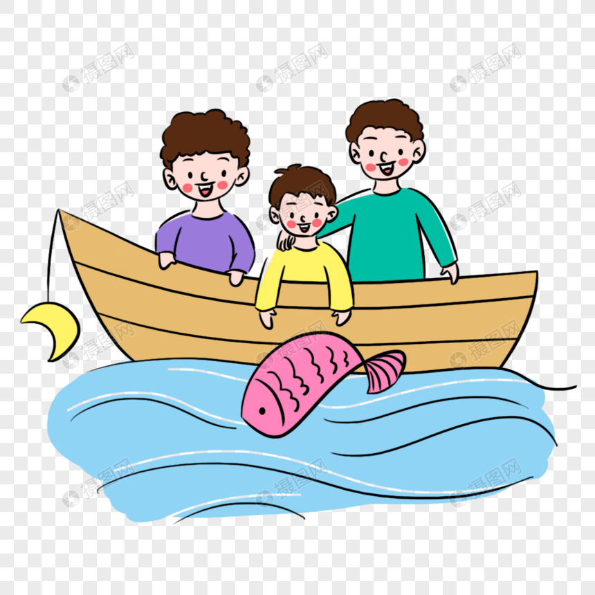 清新儿童节父子三人坐船场景
