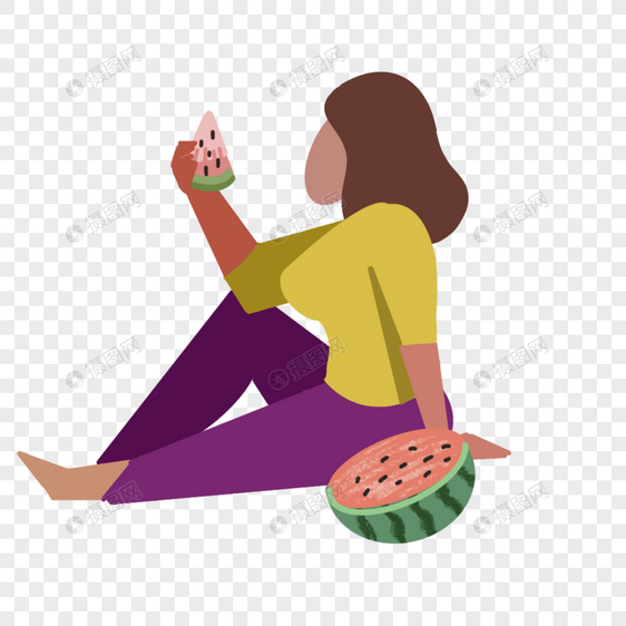 扁平风吃西瓜的女人插画图片