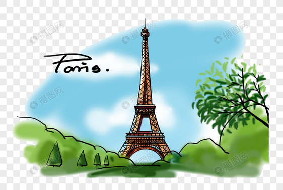 旅游城市法国巴黎地标埃菲尔铁塔风格手绘图片