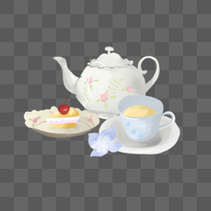 水彩手绘水壶茶杯蛋糕下午茶装饰图案图片