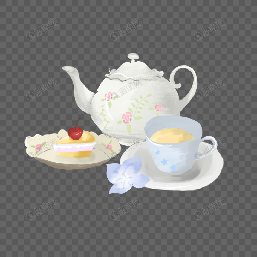 水彩手绘水壶茶杯蛋糕下午茶装饰图案元素素材下载 正版素材401076175 摄图网