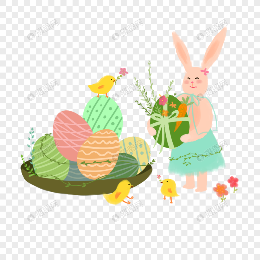 可爱复活节抱彩蛋的兔子小鸡花草图片