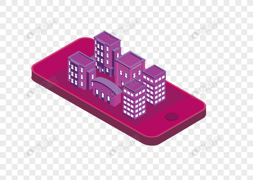 2.5D科技上城镇紫色调手机城市AI矢量图图片