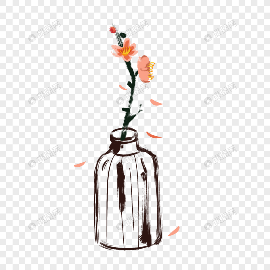 手绘水墨传统风格的花瓶梅花枝图片