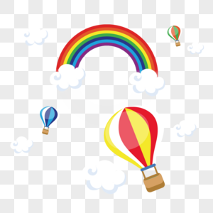 矢量扁平天空中的彩虹与热气球图片