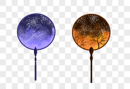 树枝图案夏天星空树枝扇子团扇渐变手绘装饰图案素材