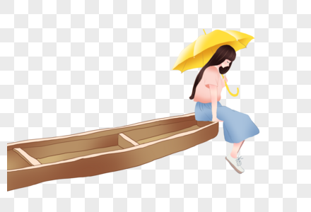 坐在船上打伞的女孩图片