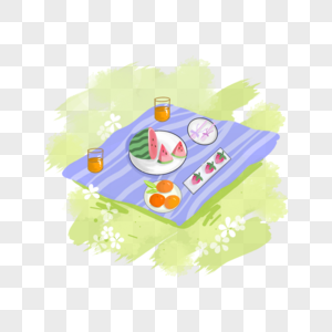 夏天水果野餐西瓜草莓橘子果汁草地装饰图案图片