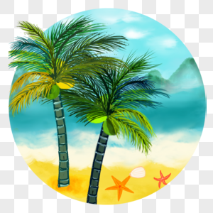 中国风水墨水彩夏日海边沙滩椰树图片