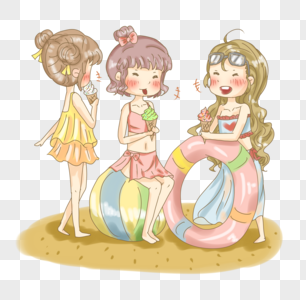 夏日沙滩游泳玩耍吃冰淇淋插画素材图片