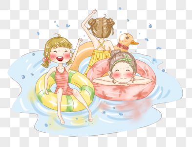 夏天结伴游泳度假出游插画PNG图片