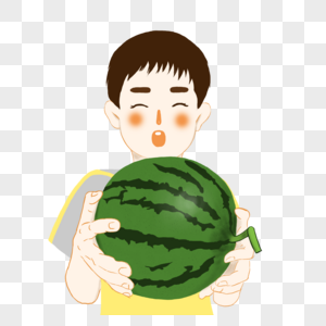 夏天抱着大西瓜的可爱男孩手绘免扣素材图片