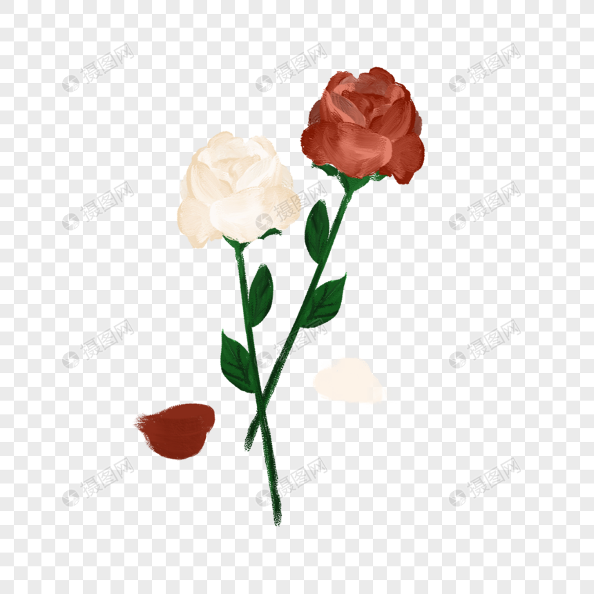 通用油画风春天花卉花朵红玫瑰白玫瑰免抠手绘花瓣图片