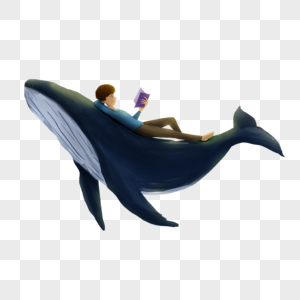 躺在鲸鱼背上看书的男孩图片